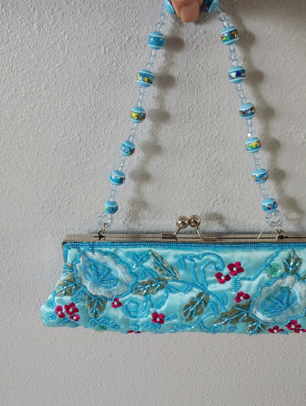 Satin Blue Floral Beaded Handle Clutch With Alternate Crossbody Chain Strap